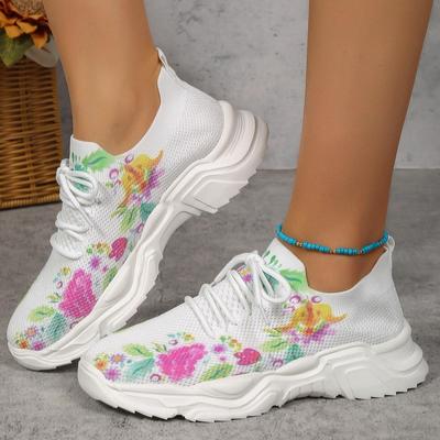 Zapatillas deportivas transpirables de talla grande para mujer, de malla Flyknit, informales, con estampado floral, cordones en la parte delantera, suela plana, talla 35-43