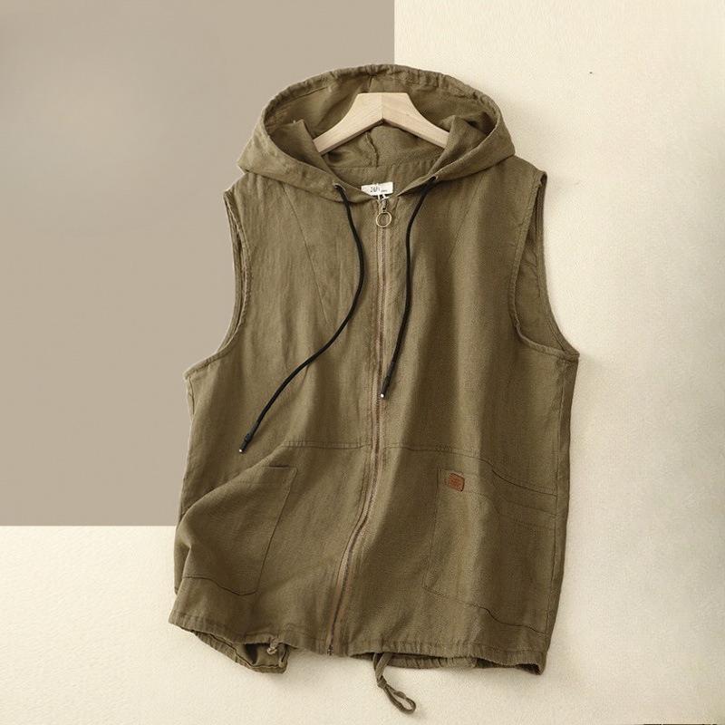 Women s Hooded Sleeveless Loose Casual Summer Cotton Linen Vest Waistcoat Jacket M