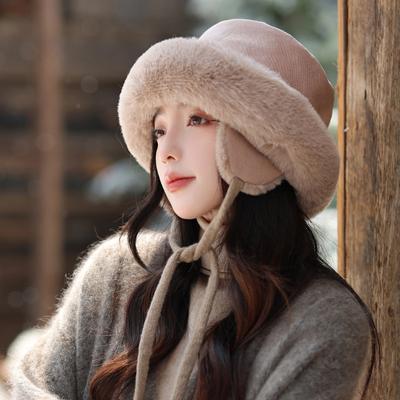 Women's Warm Windproof Plush Pot Hat for Women's Deer Leather Velvet Ear Protection Hat Showing Face Small Thickened Fisherman's Hat