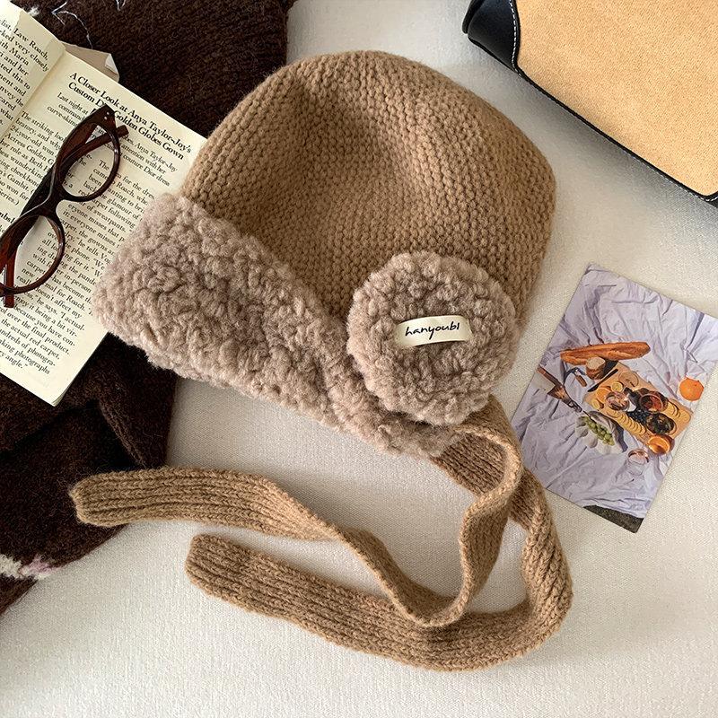 Autumn and winter plush thickened red ear protectors wool hat women's big head circumference warm knitted hat strapped Lei Feng hat tide