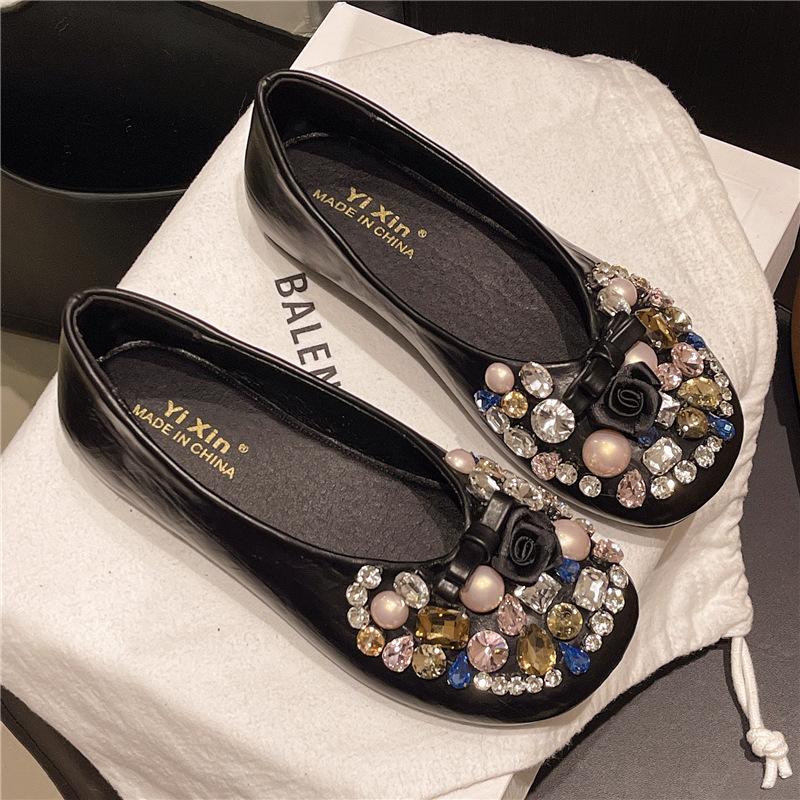 2025 Autumn New Round Head Shallow Mouth Flat Bottom Pearl Rhinestone Bow Single Shoes Flat Heel Soft Sole Ladyshoes