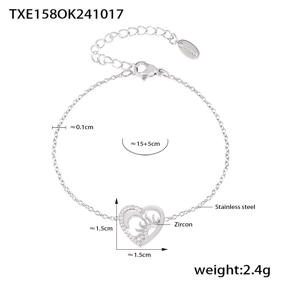 Qiong Yao Sun Moon Heart Zircon Pendant Necklace & Bracelet Set for Women - Stainless Steel, Non-fading Jewelry