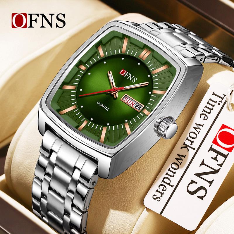 Oufanni Men's Classic Barrel Watch - Double Calendar, Waterproof, Quartz with 3D Luminous Scale