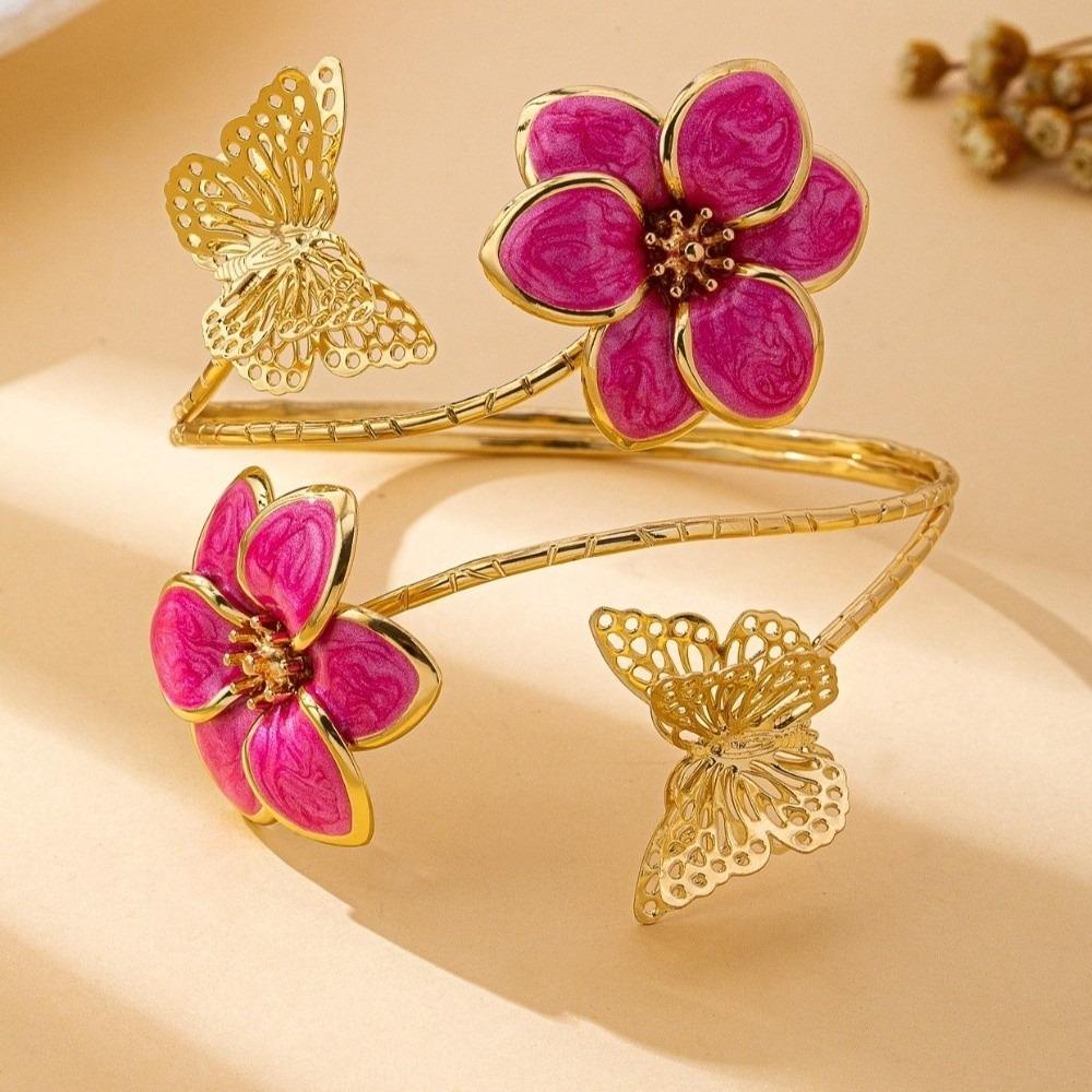 Exquisite Enamel Glaze Armband Artistic Butterfly Open Bangle Drip Oil Flower Arm Ring  Festival горячий розовый