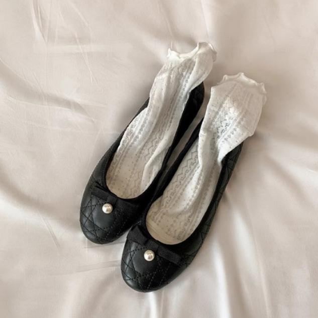 Miss Yuanlitong Huayang~ Pearl bow single shoes flat-soled high-end diamond flat-soled single shoes women's ballet shoes