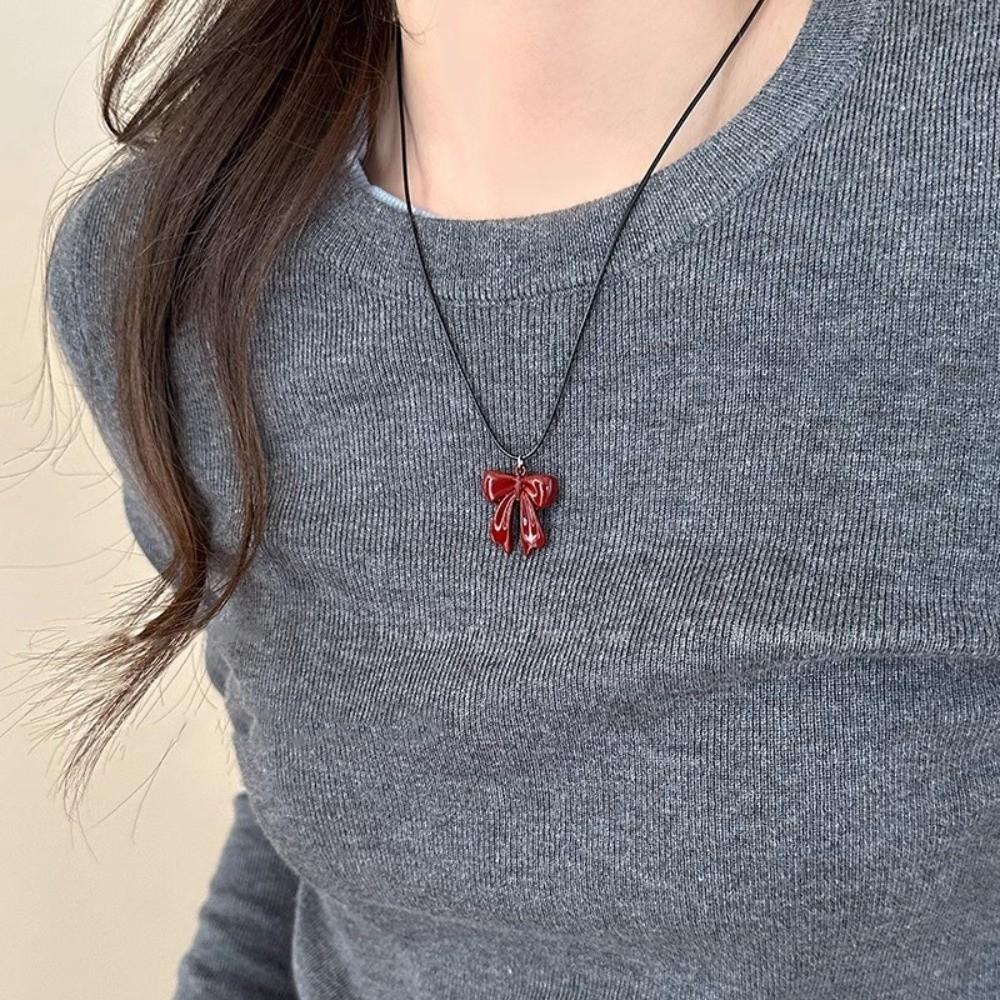 Cool Bowknot Pendant Necklace Sweet Clavicle Chain Creative Leather Rope Necklace  Y2K Party