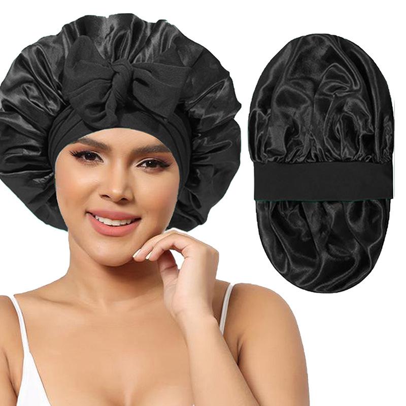 Women's Reversible Double-Layer Satin Nightcap with Ribbon - High Elasticity Round Hat for Hair Protection