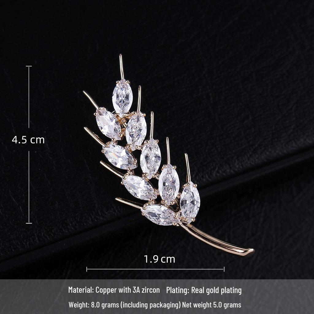 Elegant Gold-Plated Zirconia Wheat Ear Brooch - Unisex High-End Suit Accessory