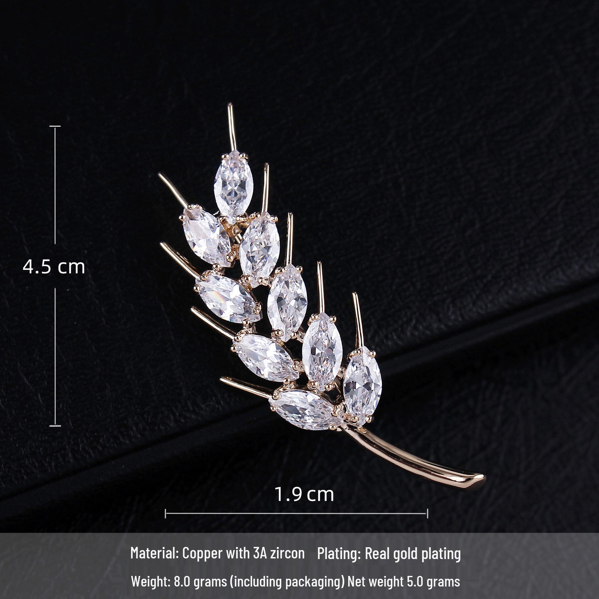 Elegant Gold-Plated Zirconia Wheat Ear Brooch - Unisex High-End Suit Accessory