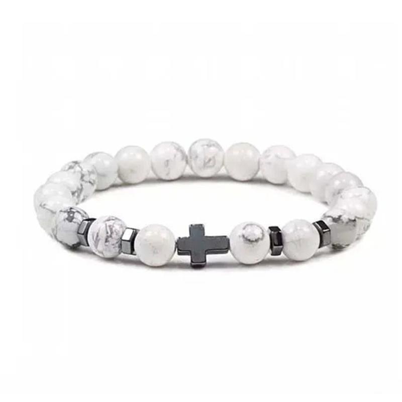 Kirykle 8mm Natural Volcanic Rock Tiger Stone White Pine Black Gallstone Cross Beaded Men's and Women's Bracelet Yoga Jewelry
