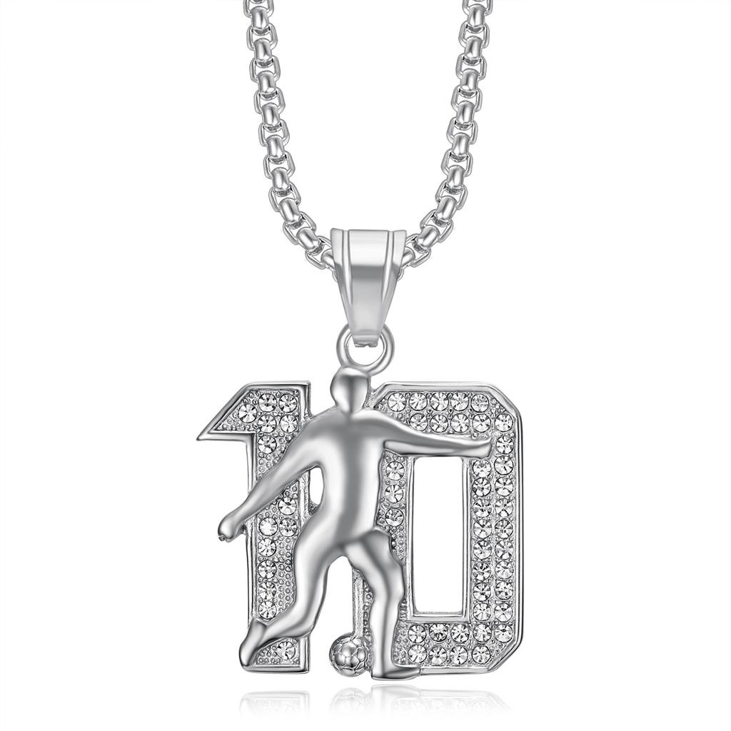 New Hot Selling Hip Hop Accessories Titanium Steel Gold Plated Diamond Inlaid Football Messi No. 10 Number Pendant Necklace