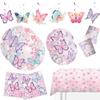 Pink Butterfly Disposable Tableware Paper Plates Cups Happy Birthday Banner Tablecloth Baby Shower Wedding Party Supplies