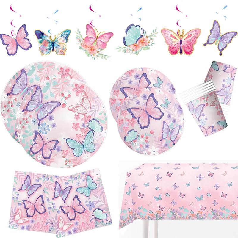 Pink Butterfly Disposable Tableware Paper Plates Cups Happy Birthday Banner Tablecloth Baby Shower Wedding Party Supplies