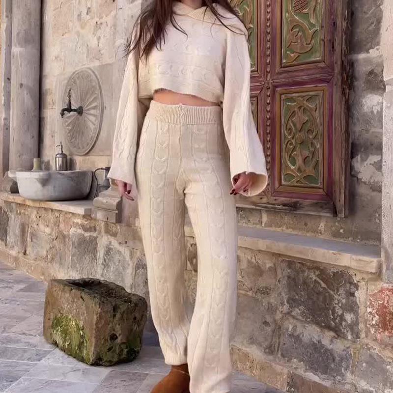 

Зимний женский вязаный комплект однотонного цвета: топ и брюки с высокой посадкой M абрикосовый