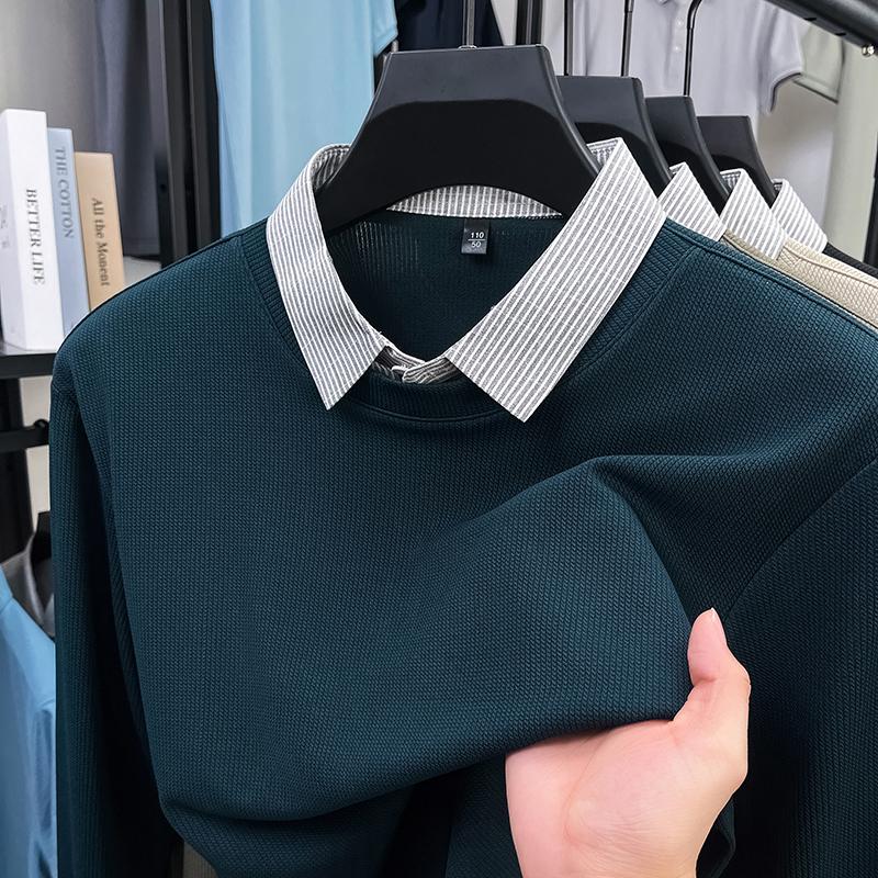 High End Quality Men'S Fake Two-Piece Solid Color Simple Comfortable Lapel T-Shirt Autumn New Versatile Casual Fashion Menswear