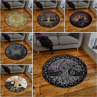 Tree of Life Yin Yang Pattern Round Carpet Tree of Life Rainbow Print Carpet Living Room Round Mat Yggdrasil Runic Round Carpet