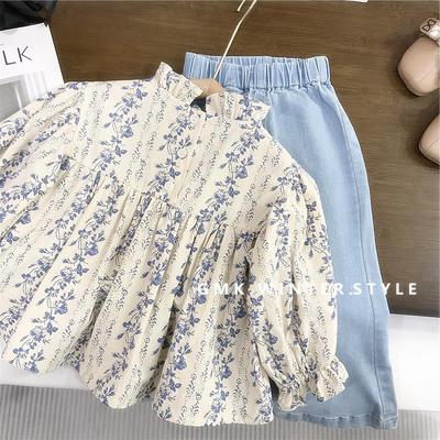 Blusa Floreale e Pantaloni a Zampa di Denim per Ragazze Coreane - Outfit a Stile Baby Doll Primavera/Autunno