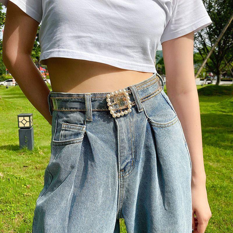 

Elegant Waist Transparent Belt For Women Featuring Decorative Pearls And Rhinestones For Stylish Denim Outfits Square Pearl Gold