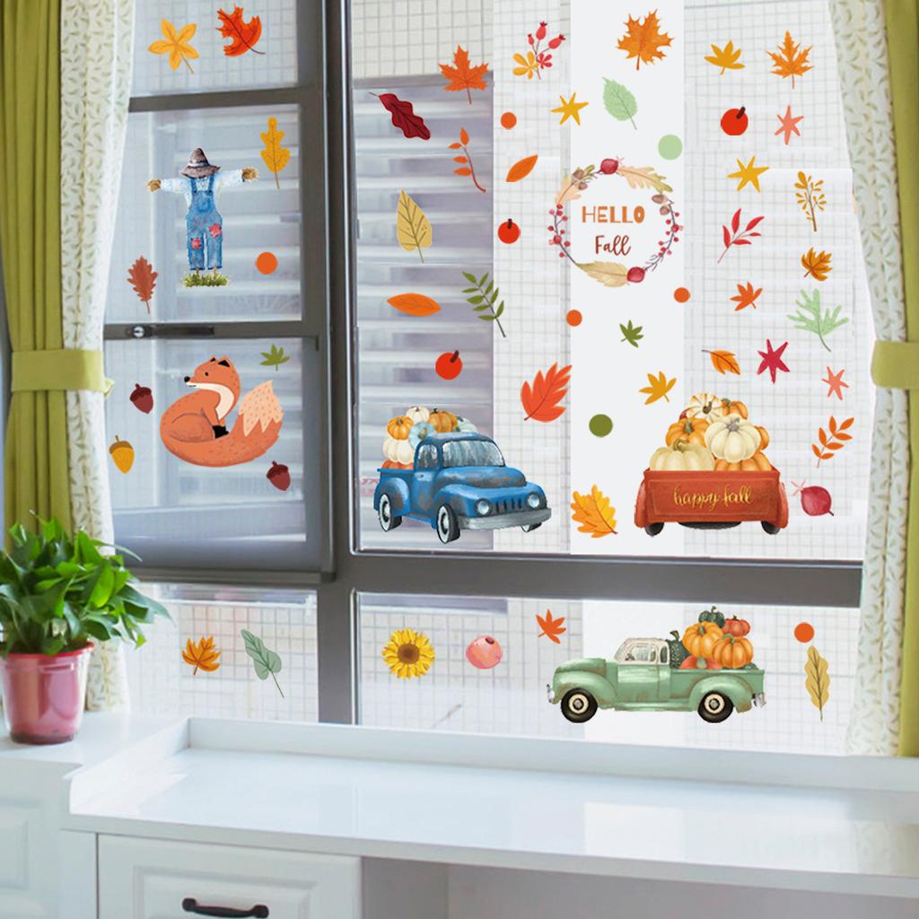 Autumn Maple Leaf Pumpkin Squirrel Static Cling Window Sticker Removable Fridge Glass Decor