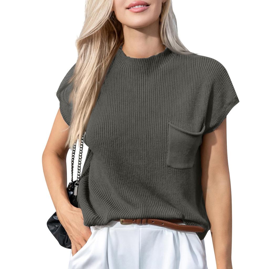 Women's Casual Fashion Sexy Color Comfortable And Breathable Round Neck Pullover Knitted Top With Pockets