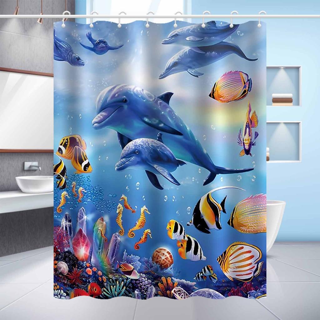 Vibrant Ocean Life Waterproof Shower Curtain For Bathroom Decor, Featuring Dolphins, Tropical Fish, And Colorful Coral Reefs
