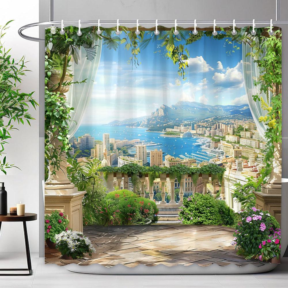 Mediterraner Wald Wasserfall Naturlandschaft Duschvorhang Polyesterstoff Waschbar Badvorhang Badezimmer Dekoration Mit Haken