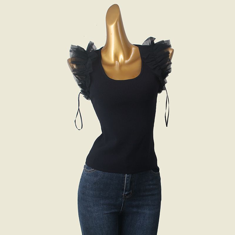 French Sweet Stylish Square Collar Short Sleeve Knitwear Organza Patchwork Sexy Fashion Texture Vest Tops