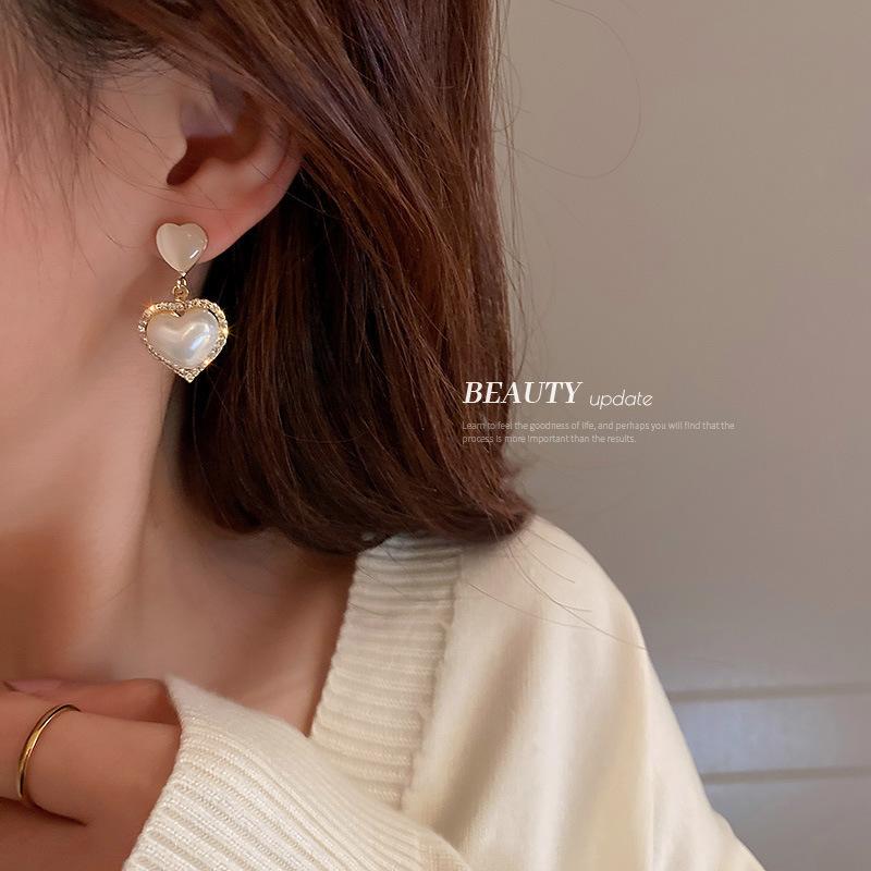 Diamond-Set Pearl Love French Light Luxury High-End Temperament Elegant Stud Earrings Earrings Women