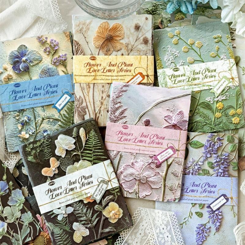 23Sheets Retro Scrapbooking Paper Embossed Flower Leaf Paper for Scrapbooking Photo Album Journal Notebook