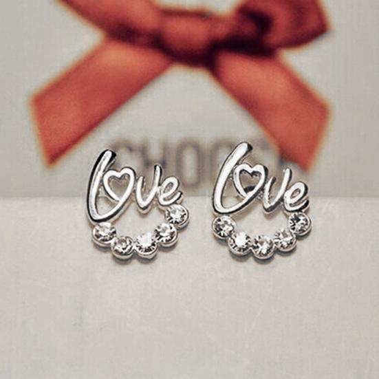 Fashion Women Elegant Shiny Rhinestone Love Letter Ear Stud Earrings Jewelry