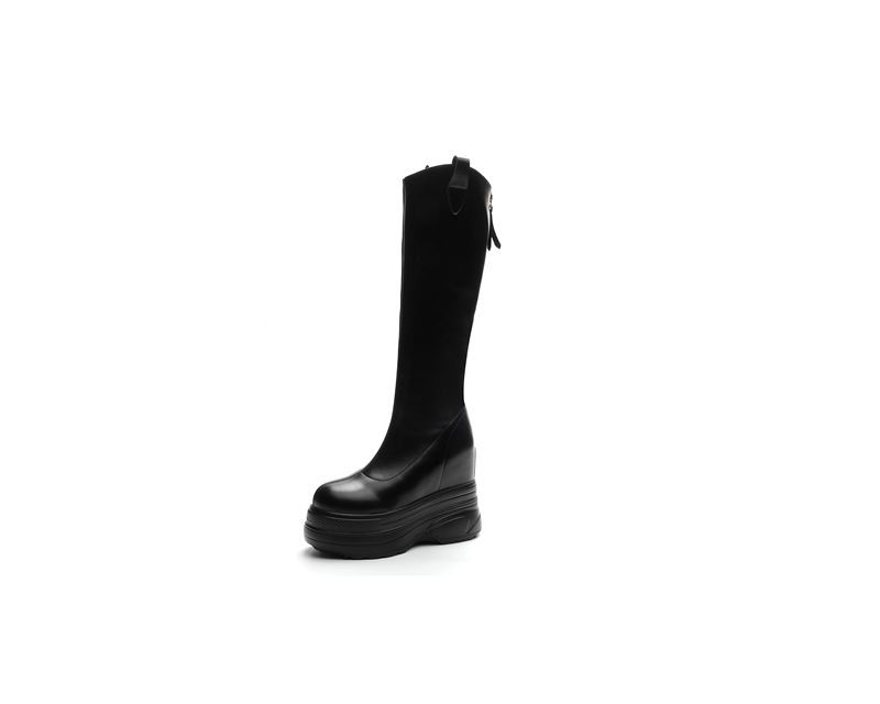 Fashion 11CM Microfiber Genuine Leather Platform Wedges Knee High Boots Woman Plush Modern Hidden Heel Winter Autumn Shoes Plush