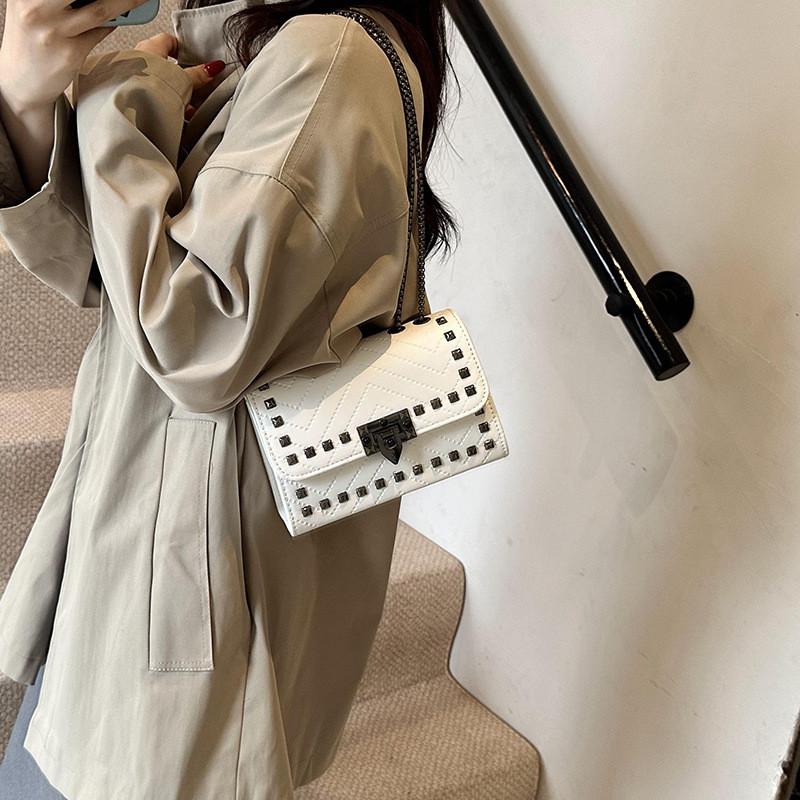 Elegant Urban Minimalist Pu Leather Small Square Bag With Studs And Chain For Fashionable Women