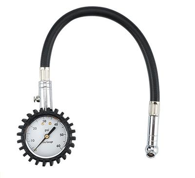 NUZAMAS Premium Tire Pressure Gauge with Flexible Hose Chuck for Heavy Duty Car & Motorcycle - 60 PSI, Compact Size, Lightweight with Discharge Valve