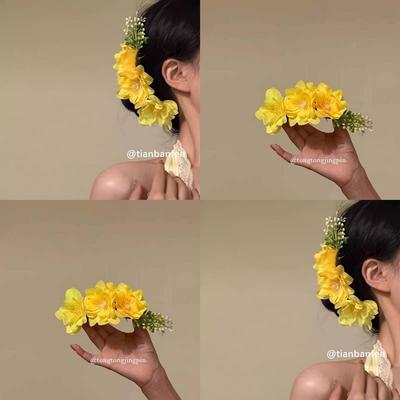 Sweet Brides Wedding Flower Hair Comb  Women Yellow Pink Flower Hairpin Bridesmaid Headdress Hair Combs Girls Floral Hairclip