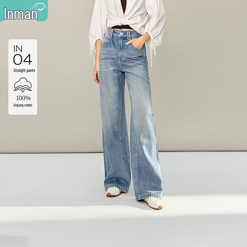 

INMAN 2026 Spring French Washed Rhinestone Straight-Leg Jeans 27