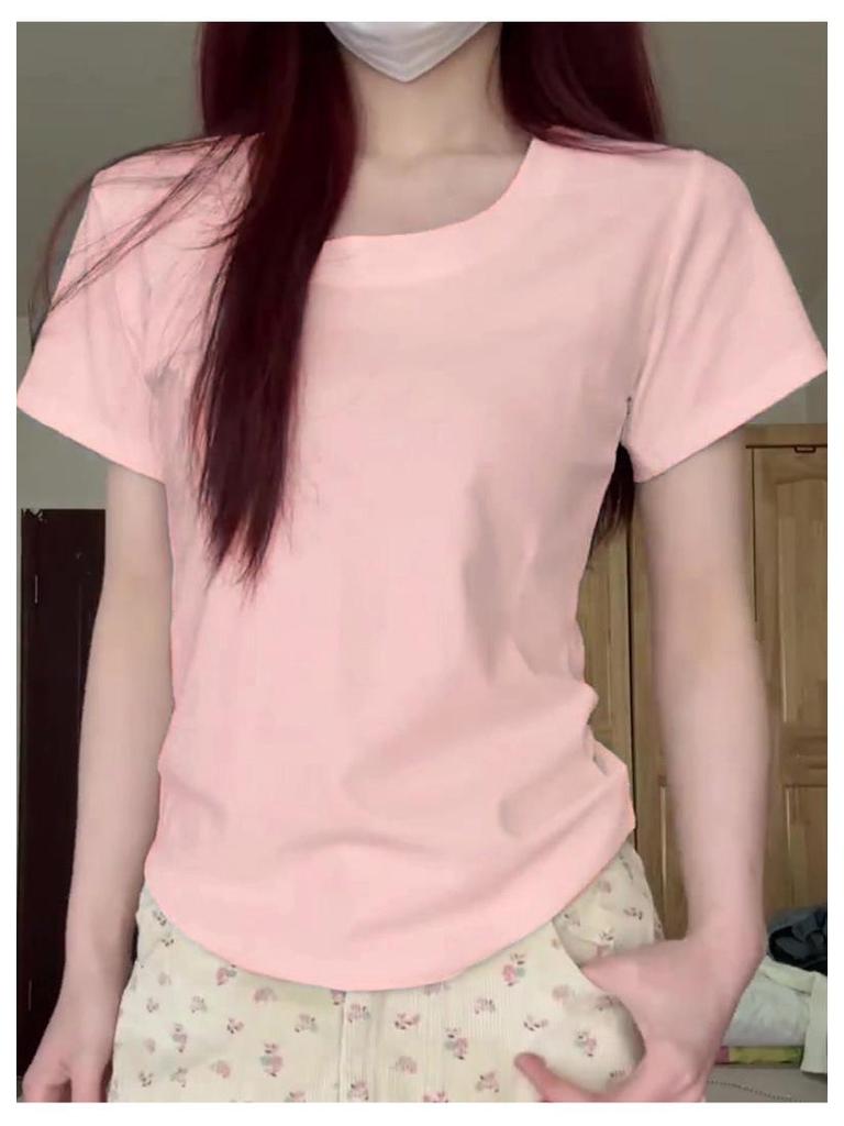 Women's Summer U-Neck Slim Fit Milk Yellow T-Shirt