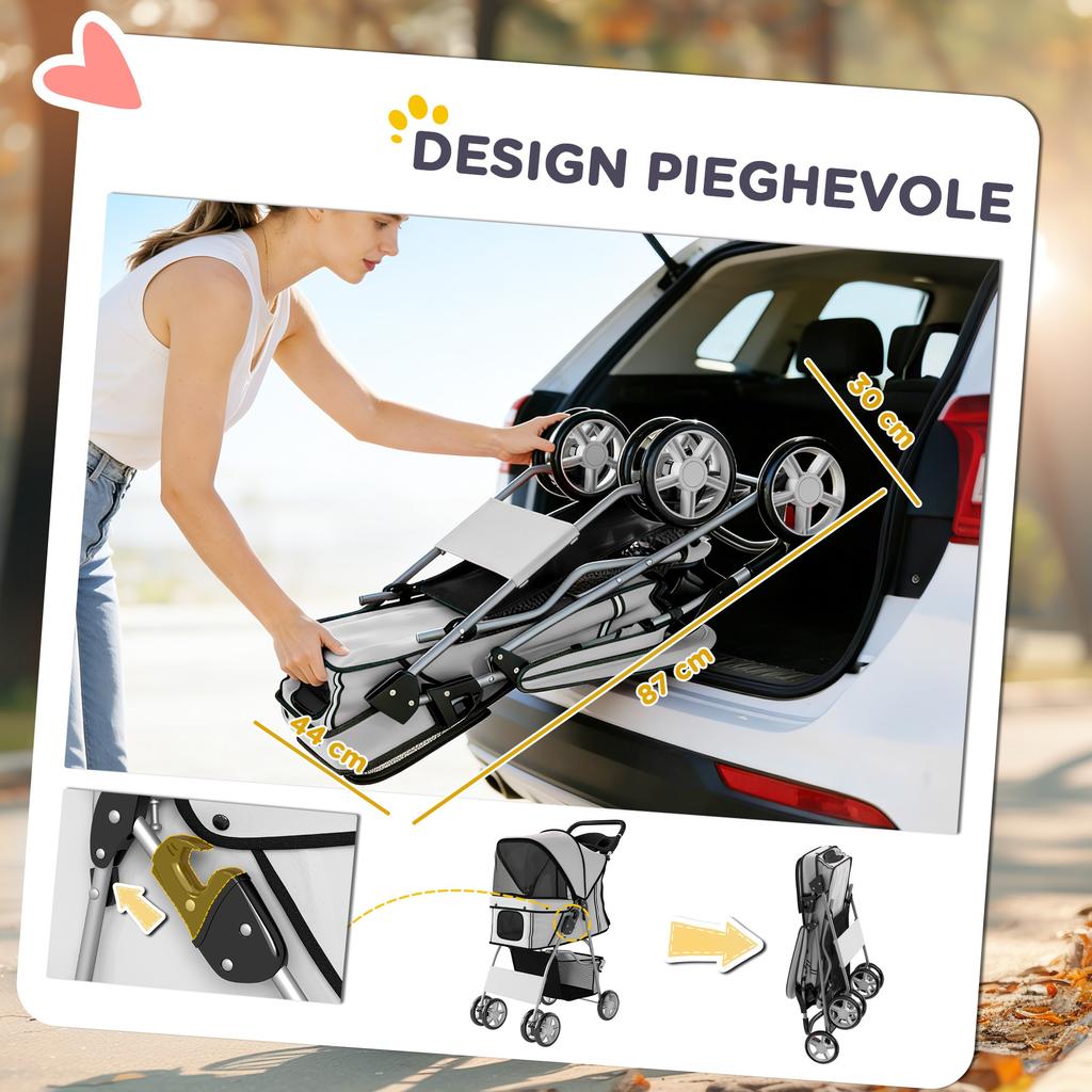 Folding Dog Stroller with Reflectors, Swivel Wheels, Brakes, and Washable Cushion, Grey