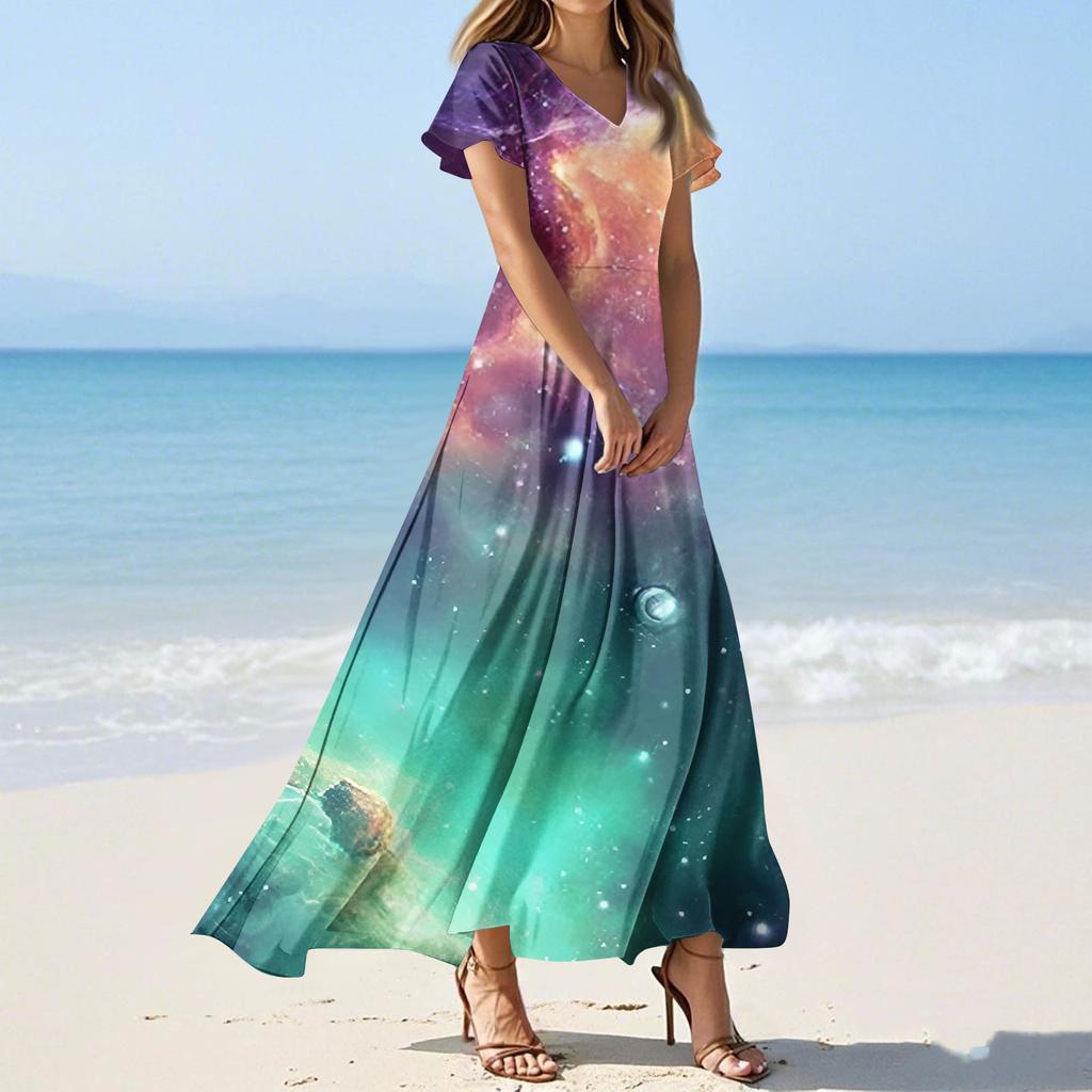 Women's Summer Casual Fashion -Print V-Neck Short-Sleeve Patchwork Dress
