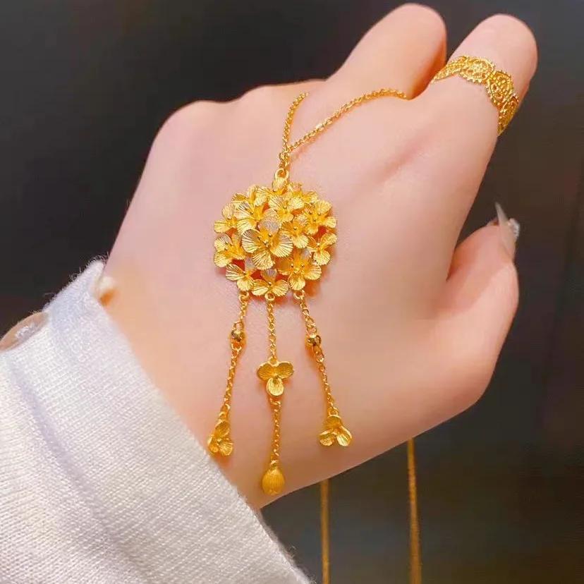 9999 Real Gold 24K Yellow Gold Hydrangea Tassel Necklace Fashion Antique Niche
