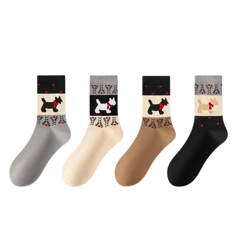 Female Spring and Autumn New Pure Cotton Cartoon Dog Boneless Tube Socks