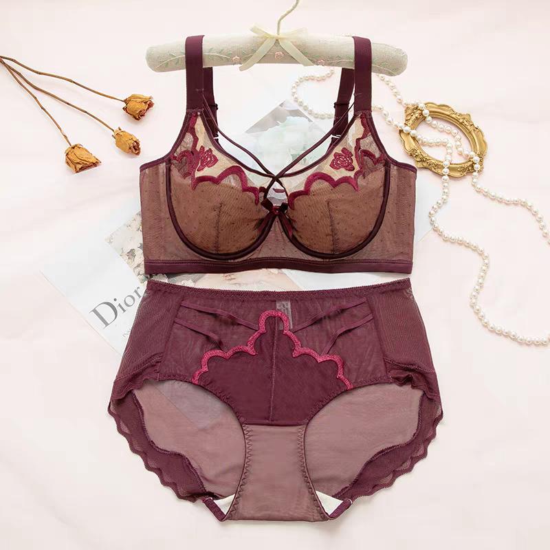 Sexy 3D Embroidered Lace Shell Cup Bra Set for Side Breast Enhancement and Smaller Busts