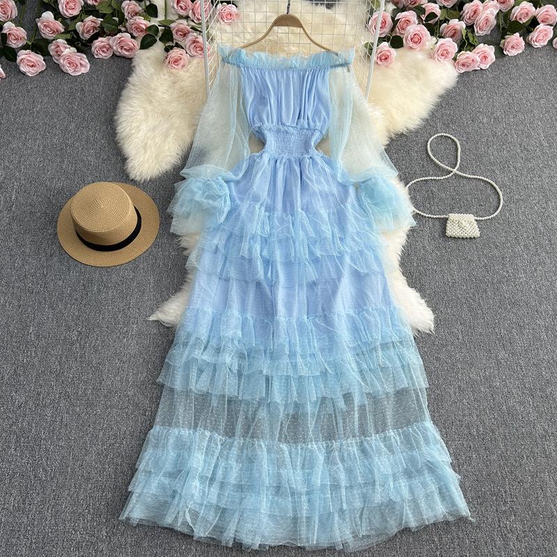 YYFS Dámská móda Jaro Podzim Jednobarevný potisk Neformální šaty s dlouhým rukávem na jedno rameno s vysokým pasem