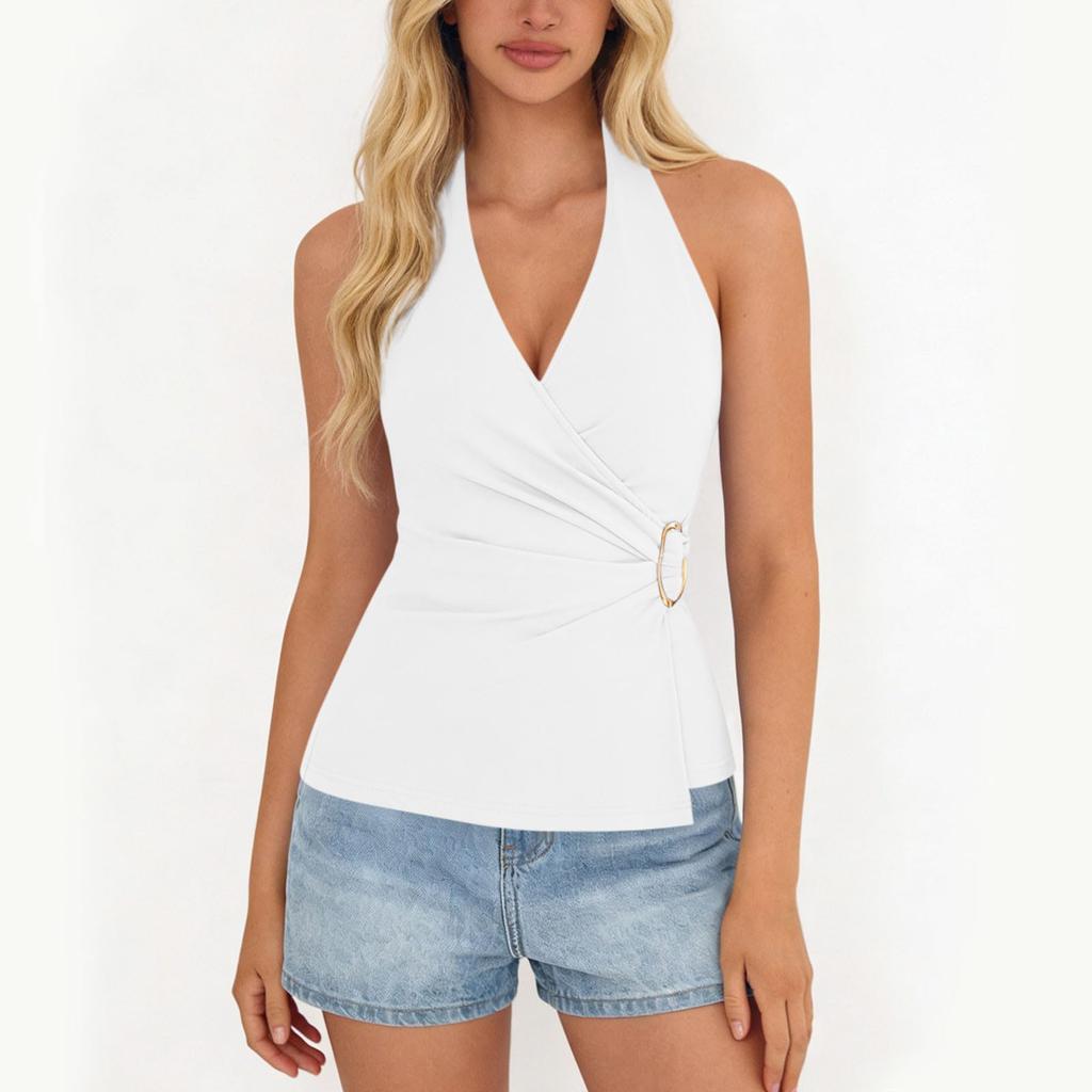Women's Fashionable Plain Sleeveless V-neck Sexy Cross-Back  Top