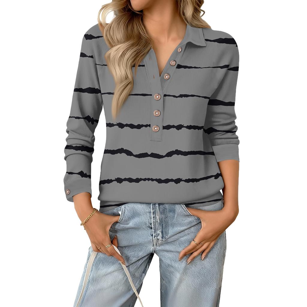 Women's Retro Street Lazy V,neck Long Sleeve Button Striped Pullover Top