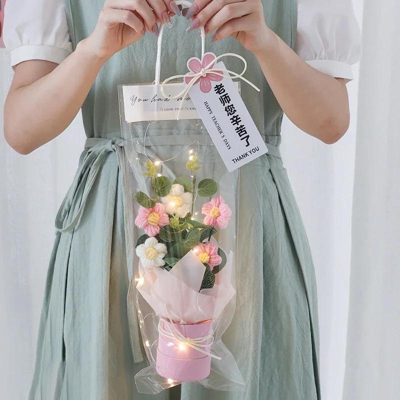 Crochet Flower Bouquet Teacher's Day Gifts with LED Light String Hand Knitted Flowers Graduation Artificial Flowers Decor