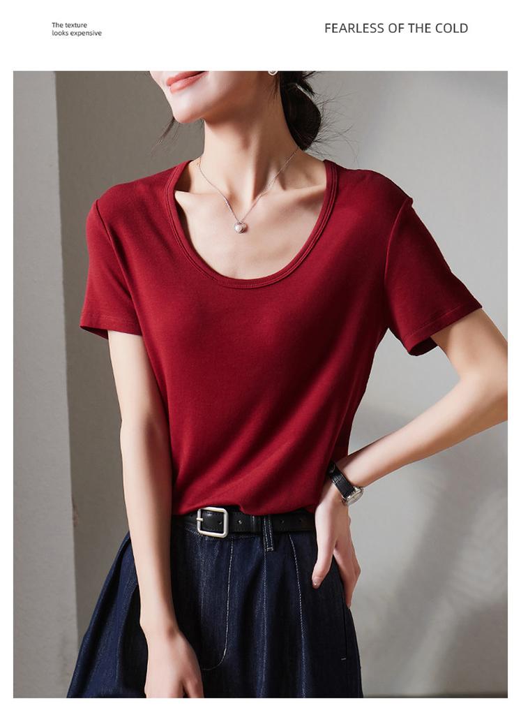 U-neck short sleeved t-shirt for women in summer 2025, fashionable and versatile, slimming solid color casual top