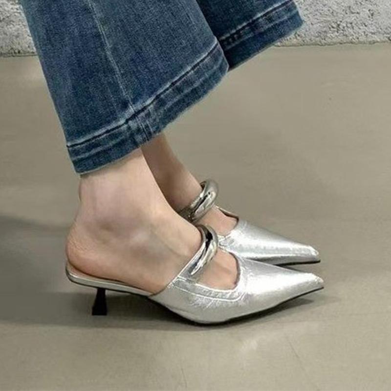 

Fashion Leopard Women Pointed Toe Slippers Fashion Elegant Heeled Shoes Casual Slingback Pumps Woman Cozy Sandals 2025 Summer Lady Shoes 39 серебряный