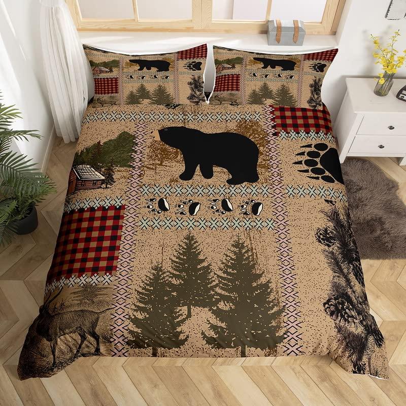 Bear King Queen Duvet Cover Rustic Western Wildlife Comforter Cover Pine Cone Farmhouse Wooden Bedding Set Polyester Quilt Cover