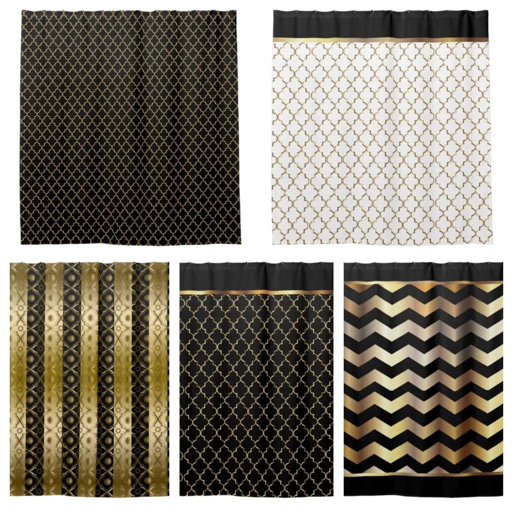 Elegant Black and Gold Leaf Seamless Pattern Chevron Striped Shower Curtain Bathroom Curtain with Hook Bathroom Curtains L220cm