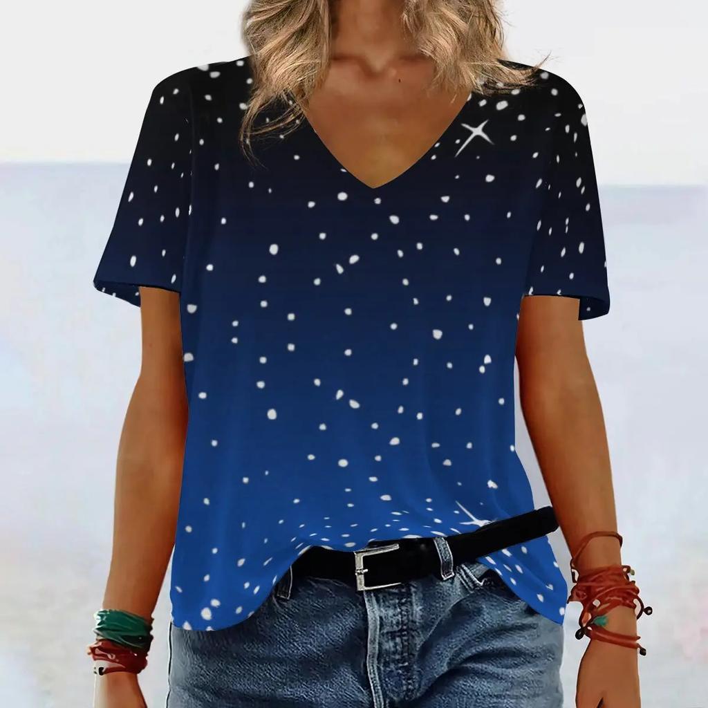 Summer V-neck 3D Gradient Printed Top Fashionable Casual Short Sleeved Women's T-shirts